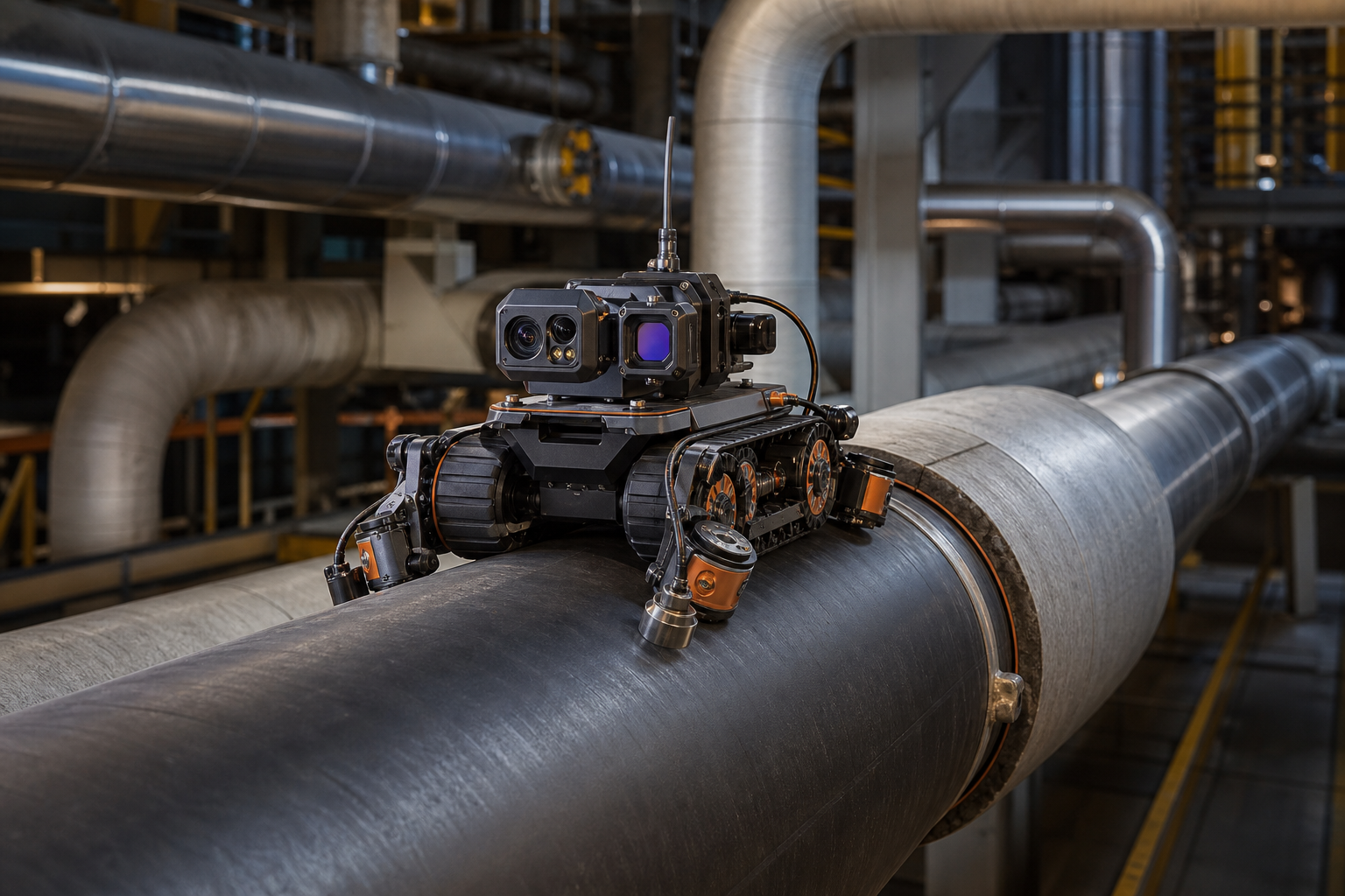 Crawler robot inspecting an industrial pipeline