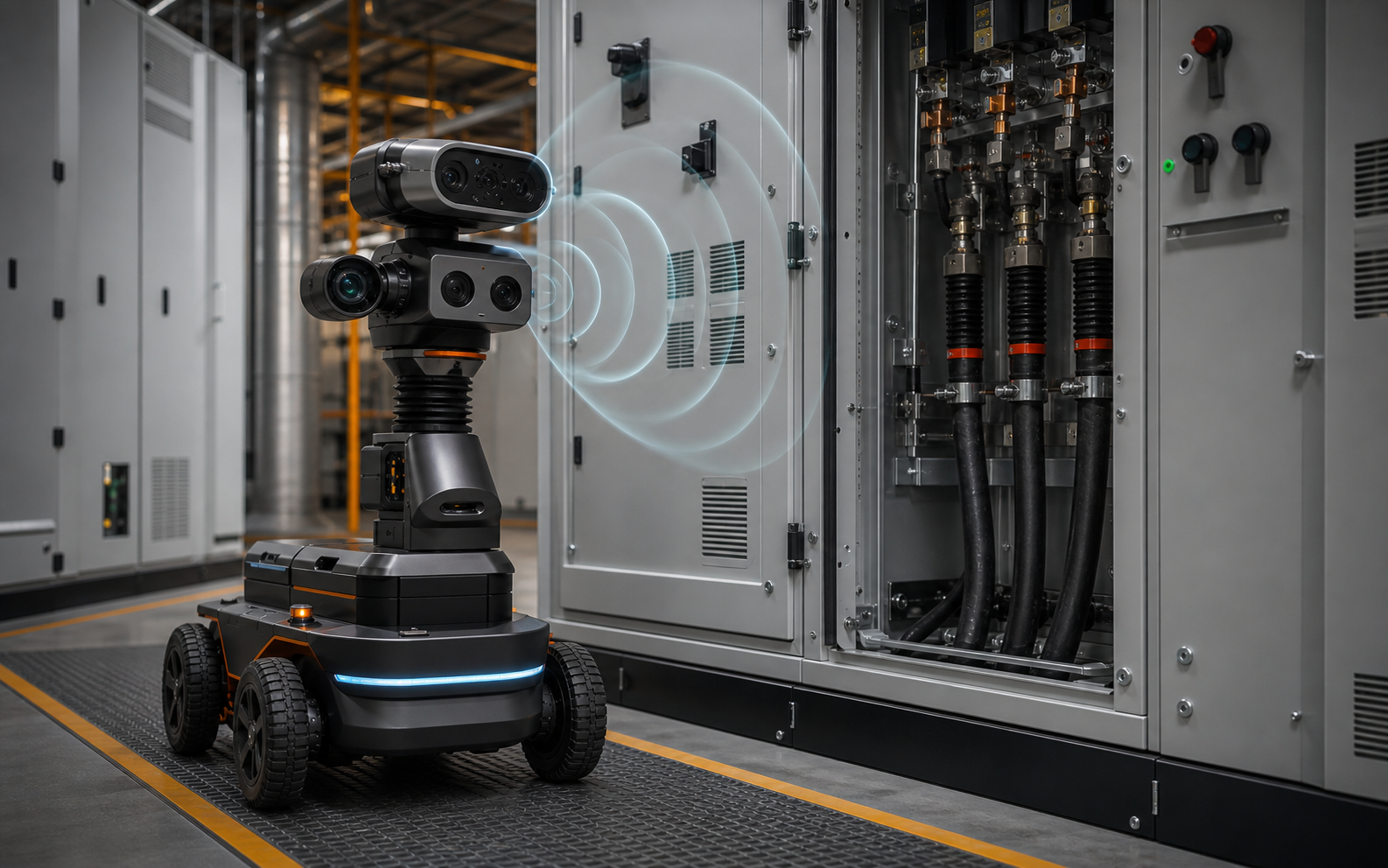 PDI robot using acoustic and ultrasonic sensing near switchgear
